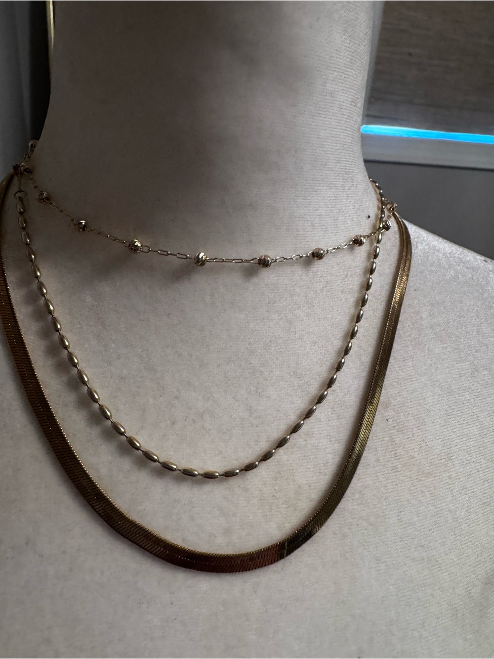 3-Piece Gold Layered Necklace Set - Delicate Bead, Twist & Herringbone